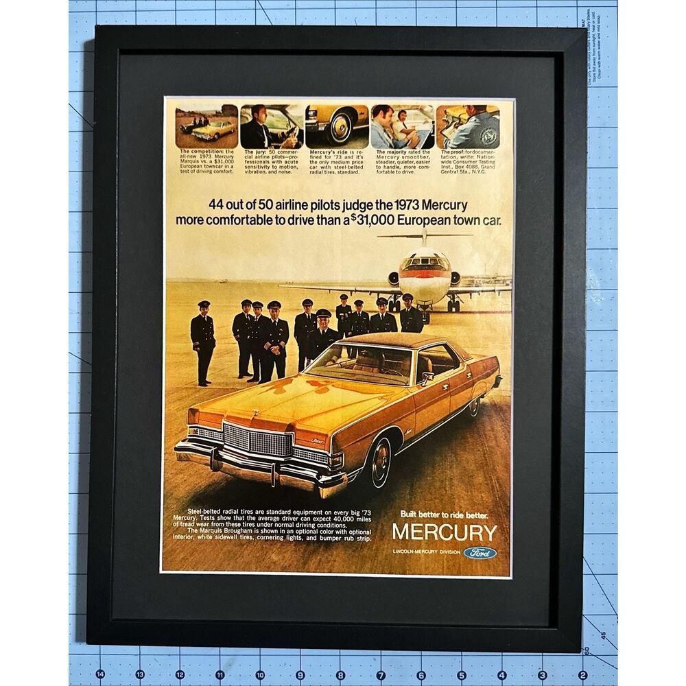 Framed Mercury Car Airline Pilots 1973 Vintage Print Ad